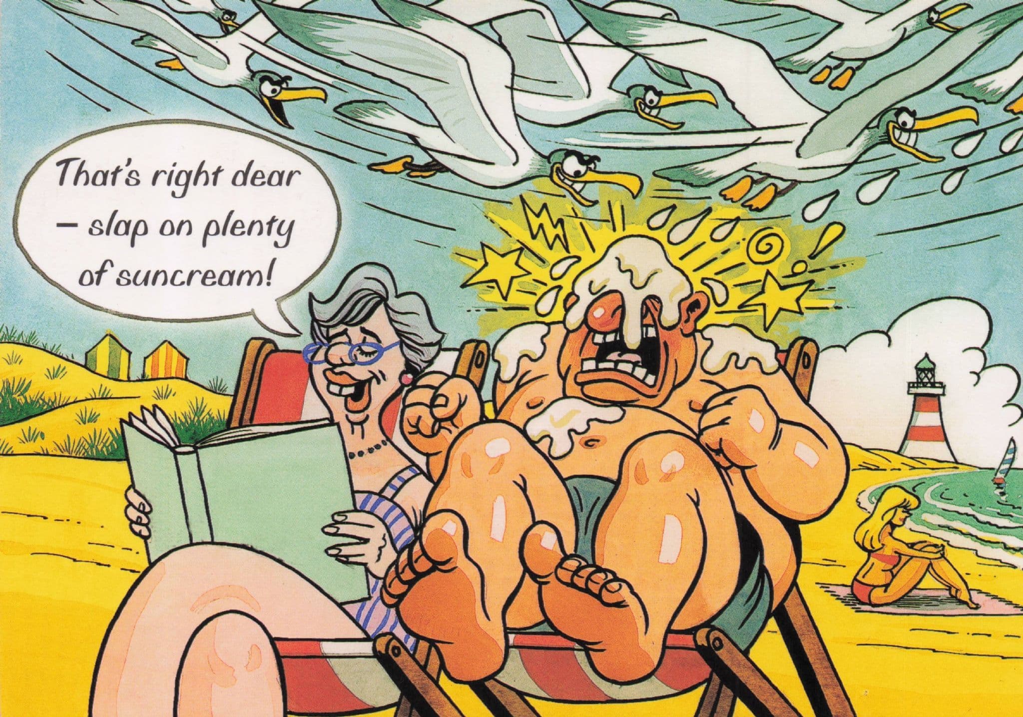 Bird Droppings Poos Landing On Sunbathers Beach Comic Postcard