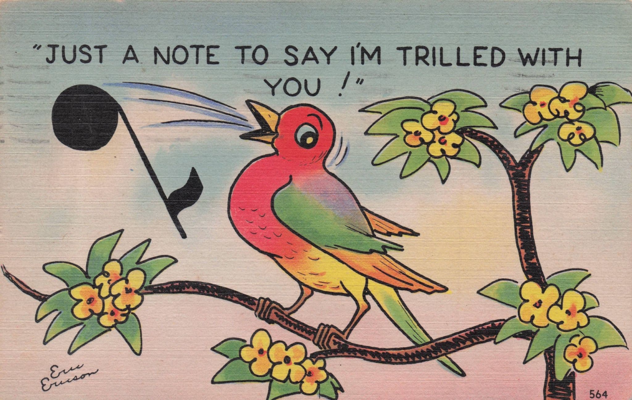 Bird Singing I'm Trilled With You Song WW1 Antique Comic Postcard