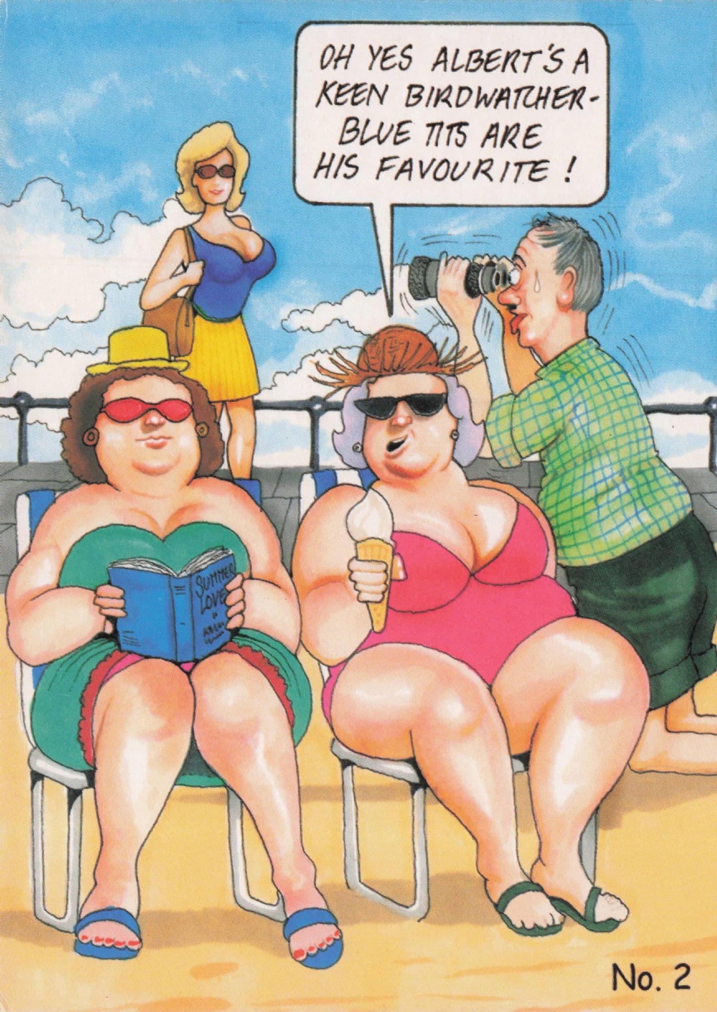 Birdwatcher Old Binoculars Blue Tit Beach Holiday Comic Postcard