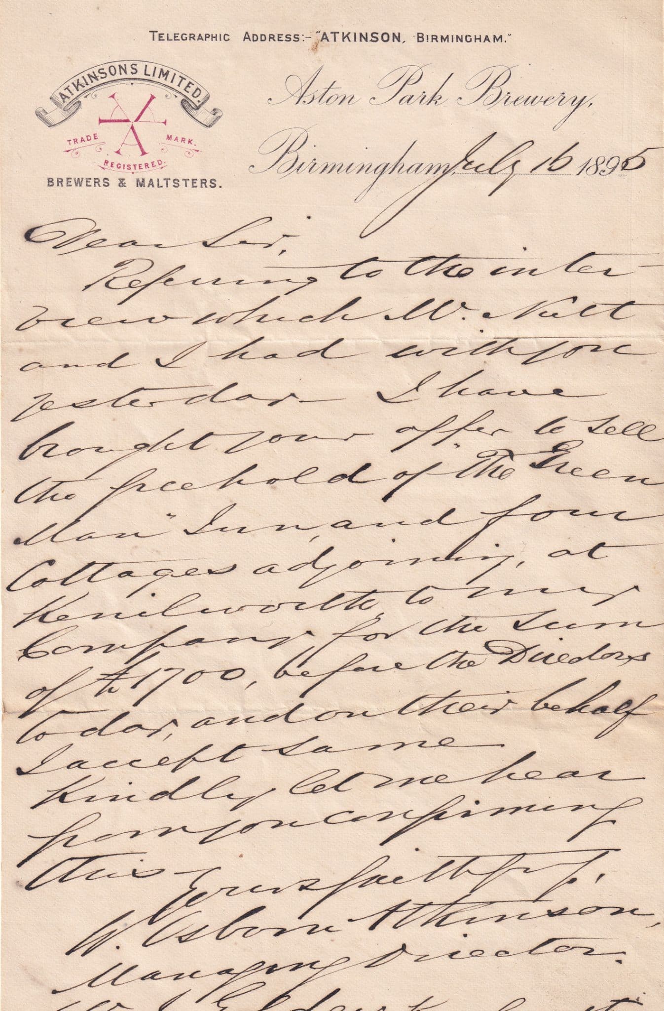 Birmingham Atkinsons Brewery Alcohol Beer Antique Victorian Letter