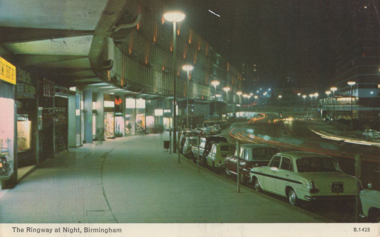 Birmingham Ringway At Night Classic Cars 1960s Postcard