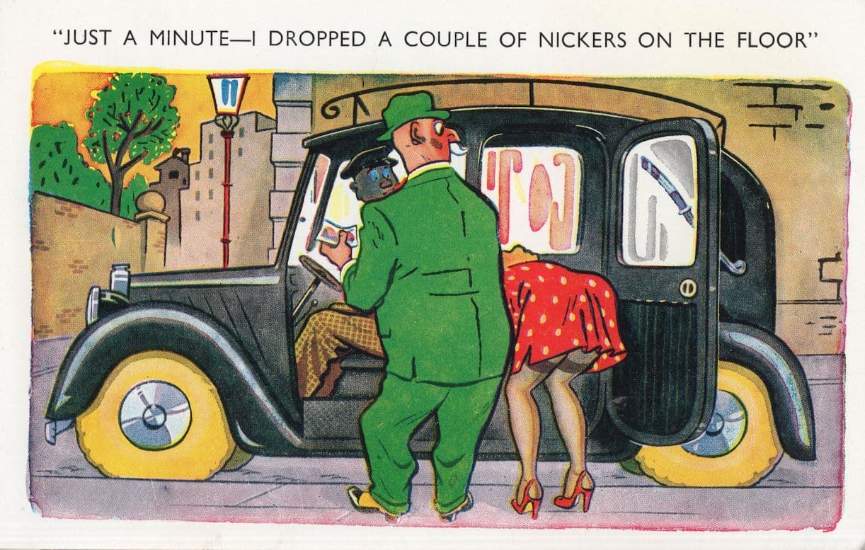 Black Mini Taxi Cab Nickel Coin Tip Sexy Lady Upskirt Old Comic Postcard