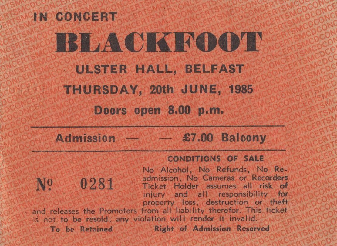 Blackfoot Ulster Hall Belfast Vintage 1985 Irish Concert Ticket