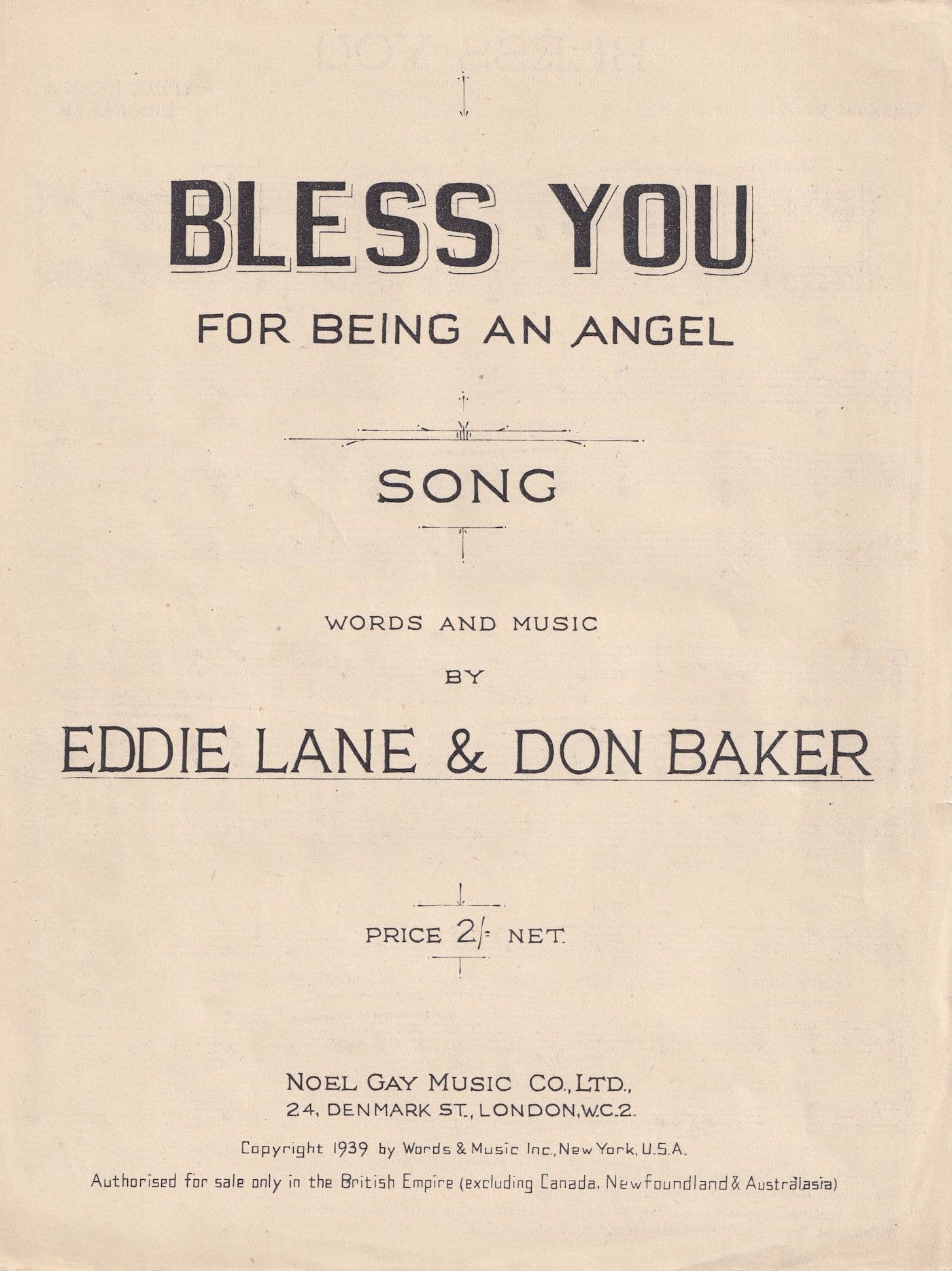 Bless You For Being An Angel Inkspots Eddie Lane Don Baker Olde Sheet Music