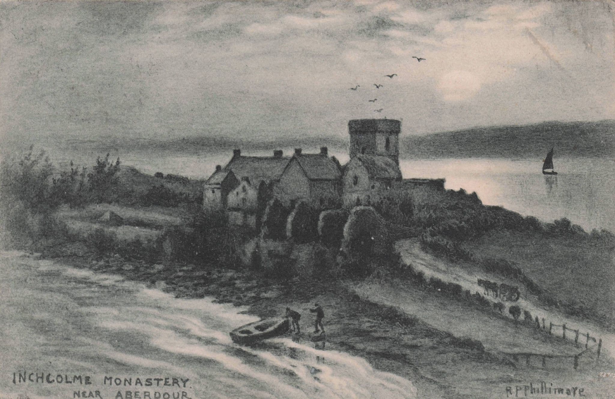 Boats Landing at Inchcolme Monastry Rare Phillimore Old Painting Postcard