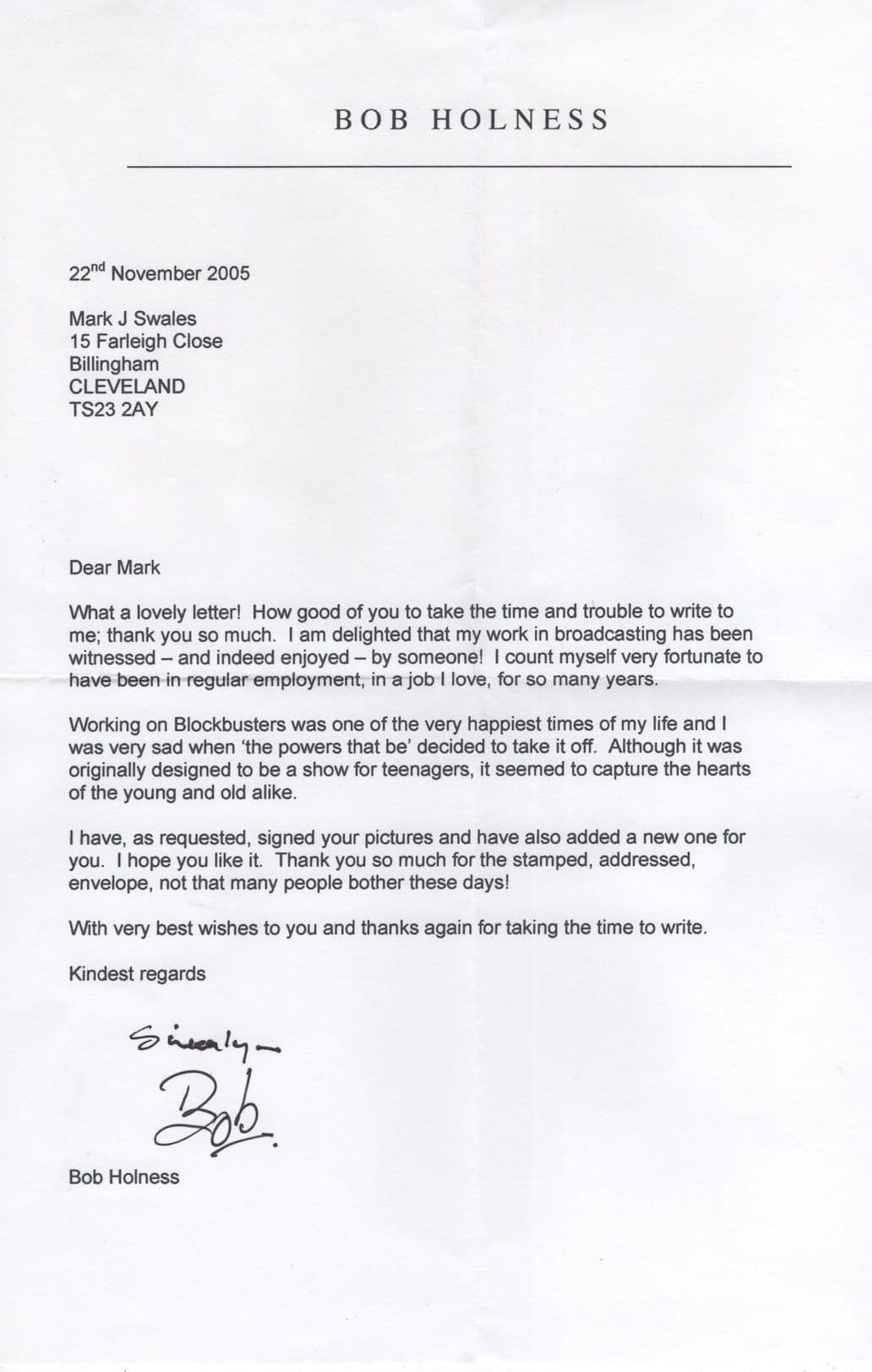 Bob Holness Amazing Blockbusters TV Quiz Show Hand Signed Letter