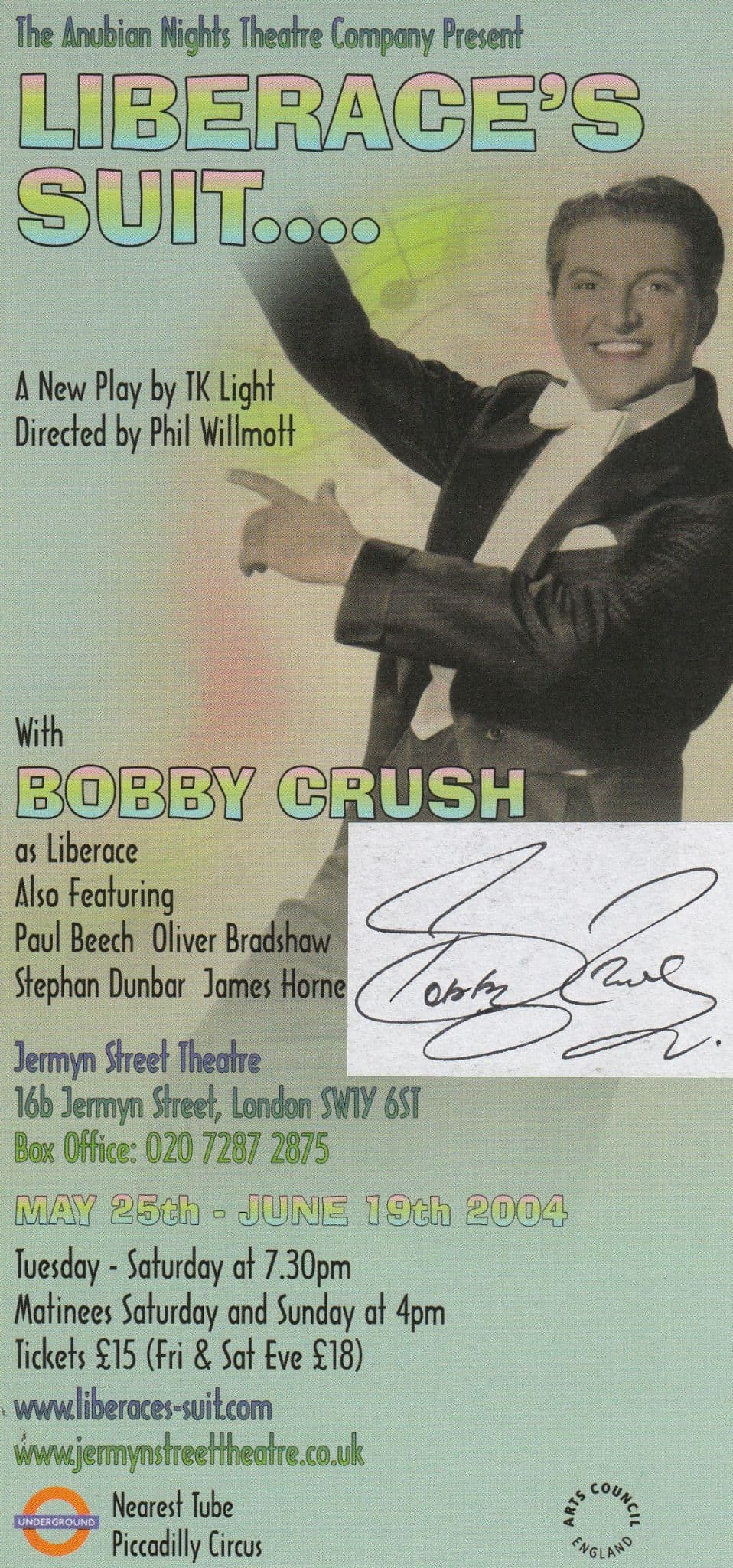 Bobby Crush Liberace Liberaces Suit Jermyn Street Hand Signed Theatre Flyer