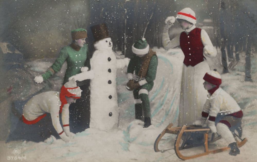 Bobsleigh Children Snow Building A Snowman Old Tinted Postcard