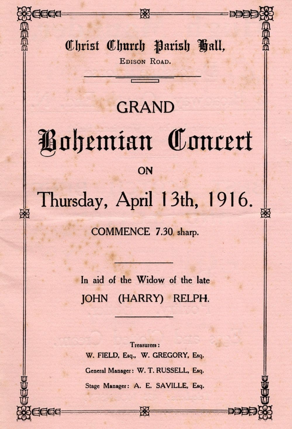 Bohemian Concert Edison Road London WW1 1916 Theatre Programme