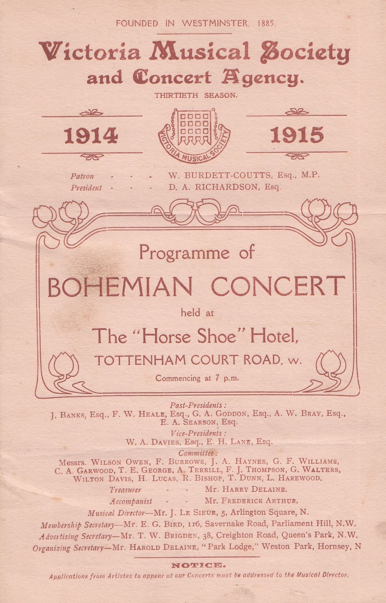 Bohemian Musical Tottenham Court Road Pub London WW1 War Theatre Programme