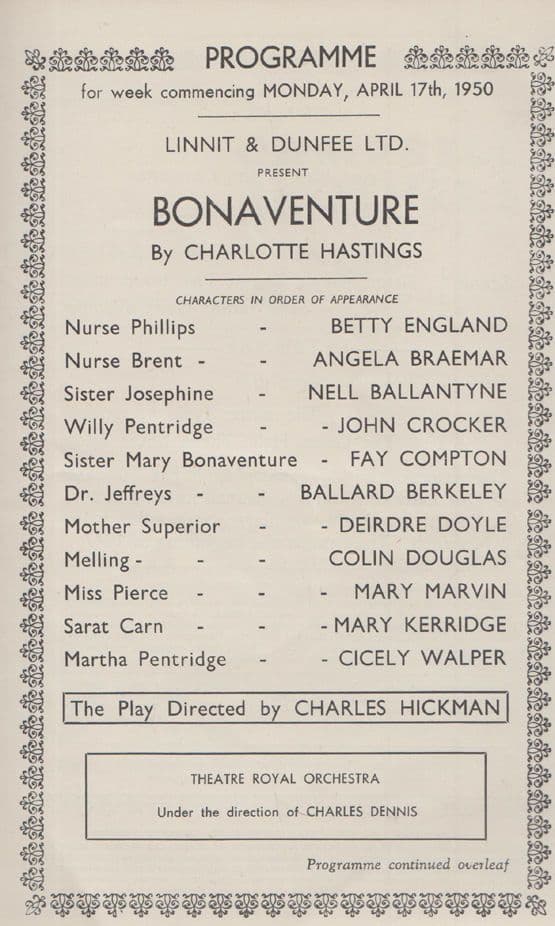 Bonaventure Mrs Aspinall Betty England Crossroads Nottingham Theatre Programme