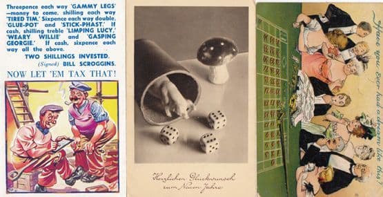 Bookmaker Betting Slip Pig with Dice Game Roulette 3 Antique Gambling Postcard s