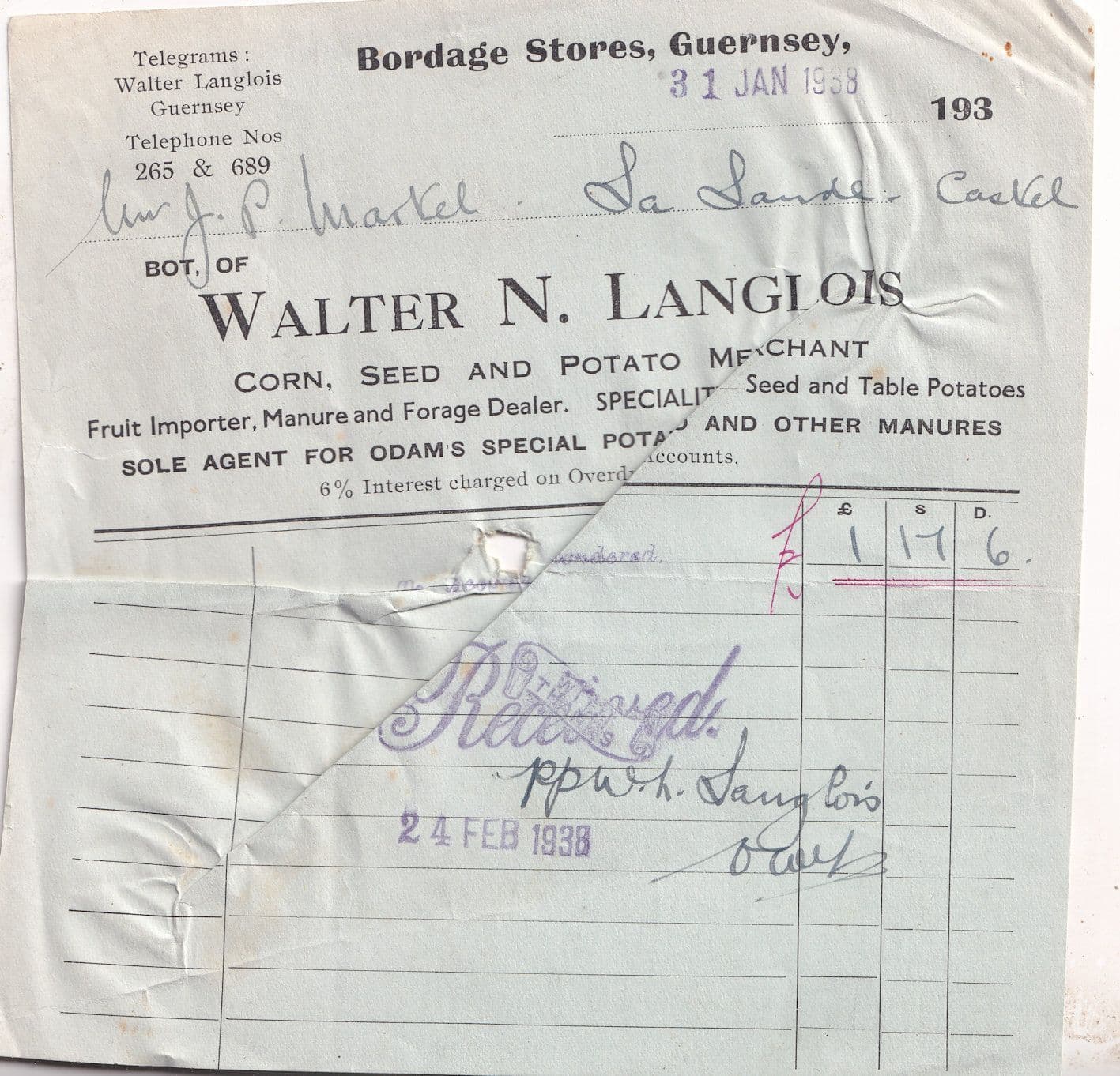 Bordage Potato Seed Fruit Stores Guernsey 1938 Receipt