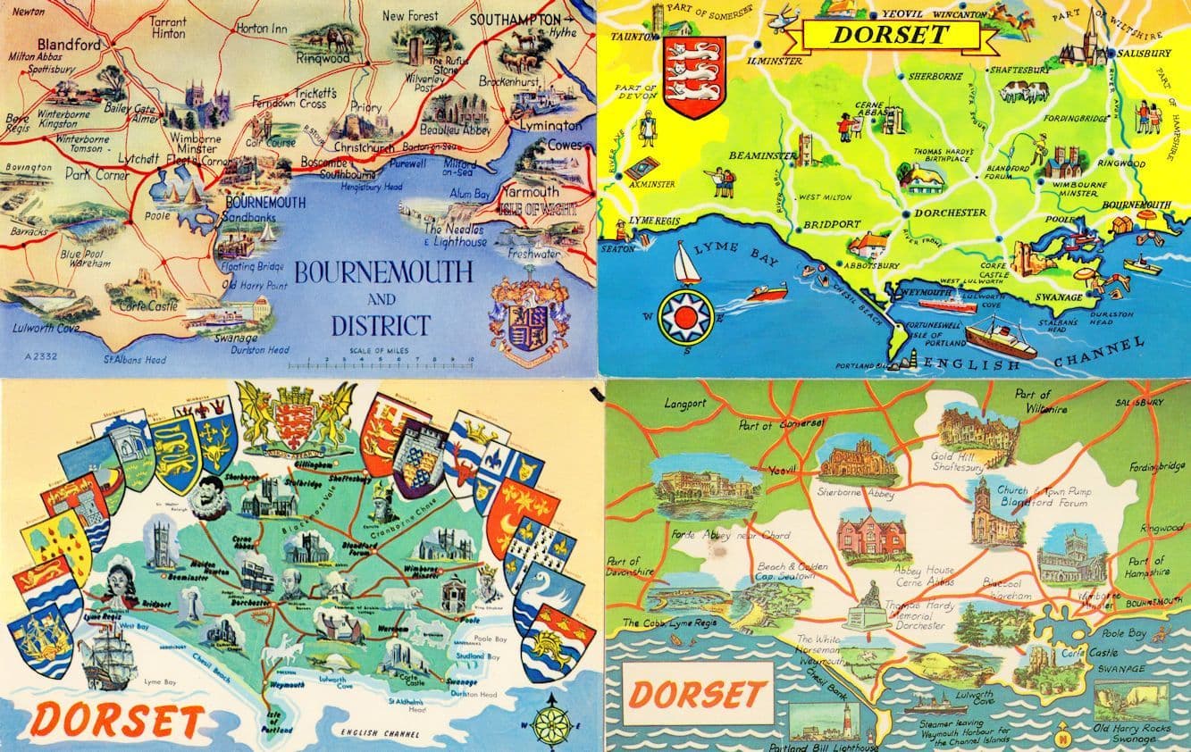 Bournemouth & Dorset 4x 1960s Map Postcard s