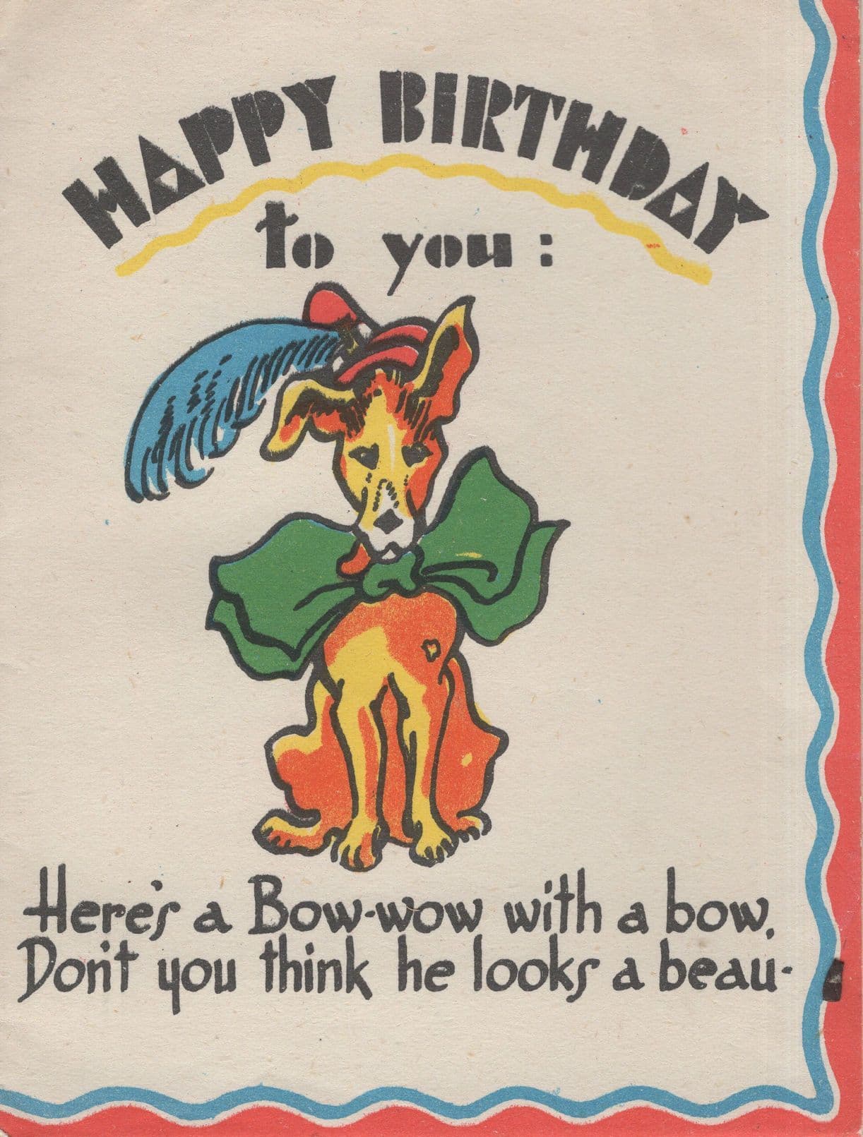 Bow Wow Dog Doggie With A Bow Antique Greetings Card