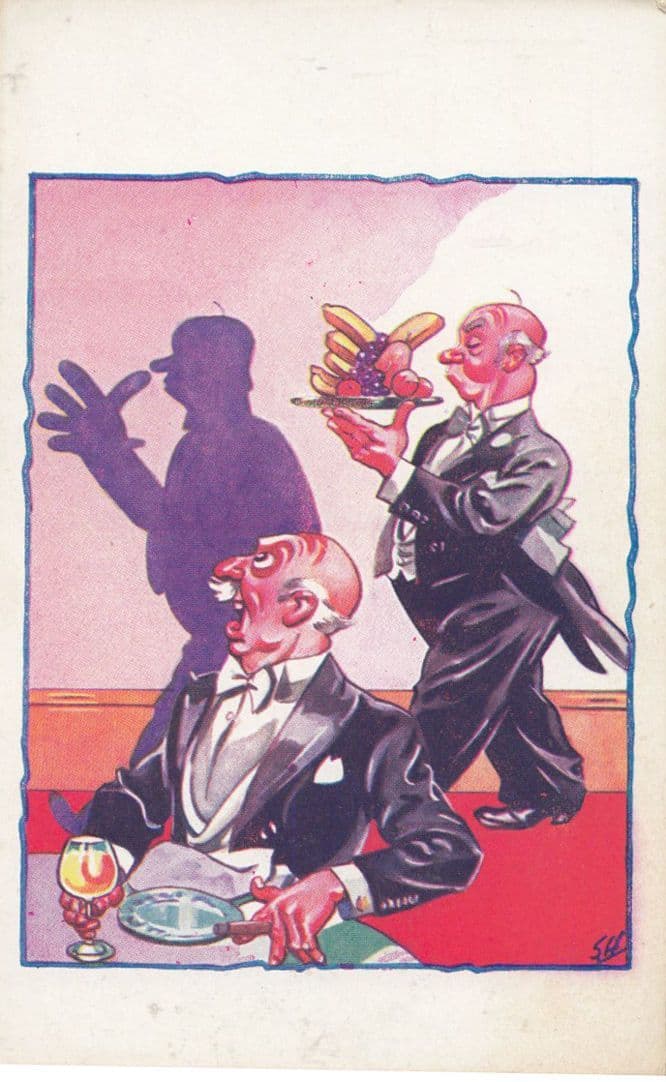 Bowl Of Fruit In Rude Shape Carried By Alfred Hitchcock Lookalike Comic Postcard