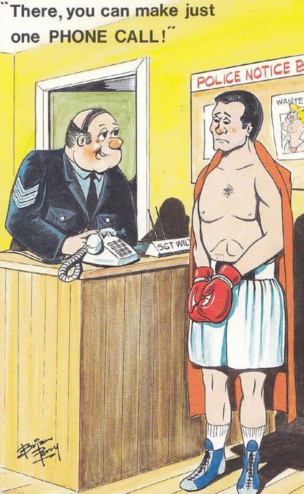 Boxer In Police Station Policeman Boxing 1970s Bamforth Comic Humour Postcard