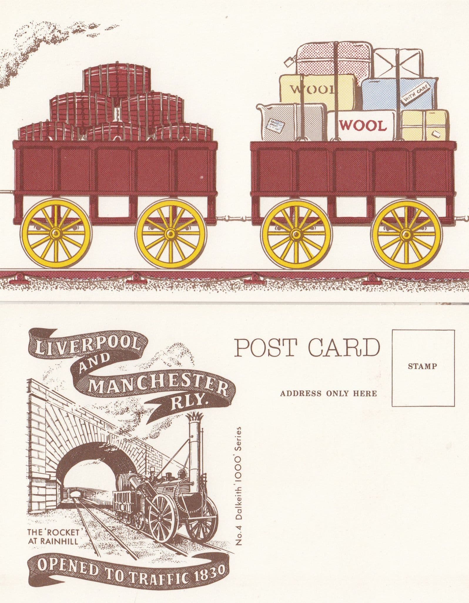 Boxes Of Sewing Wool Travelling on Liverpool & Manchester Train Railway Opening Postcard