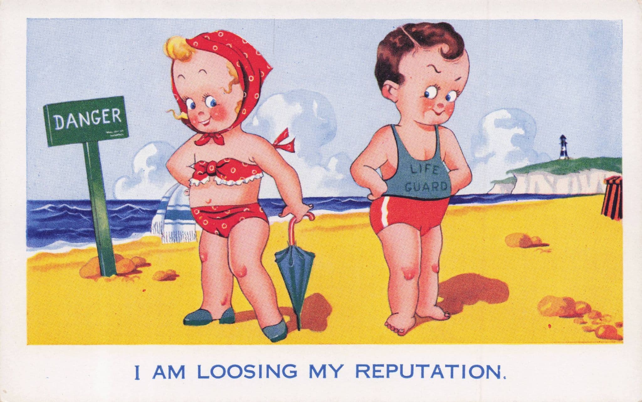 Boy Beach Coastal Sea Life Guard Old Cute Comic Postcard