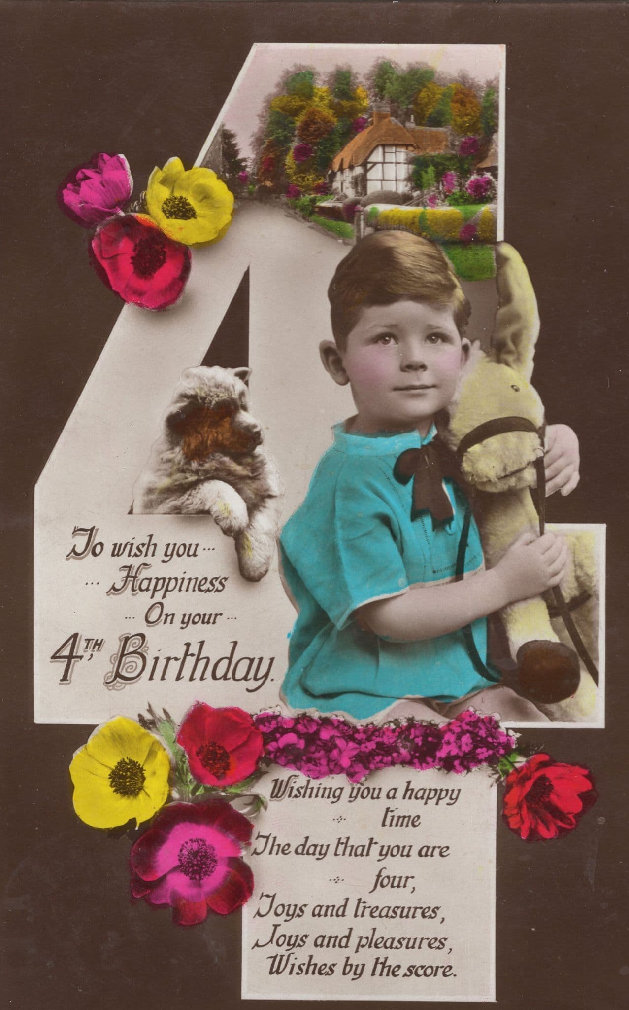 Boy Cuddling Rocking Horse & Jealous Pet Dog RPC Greetings Postcard