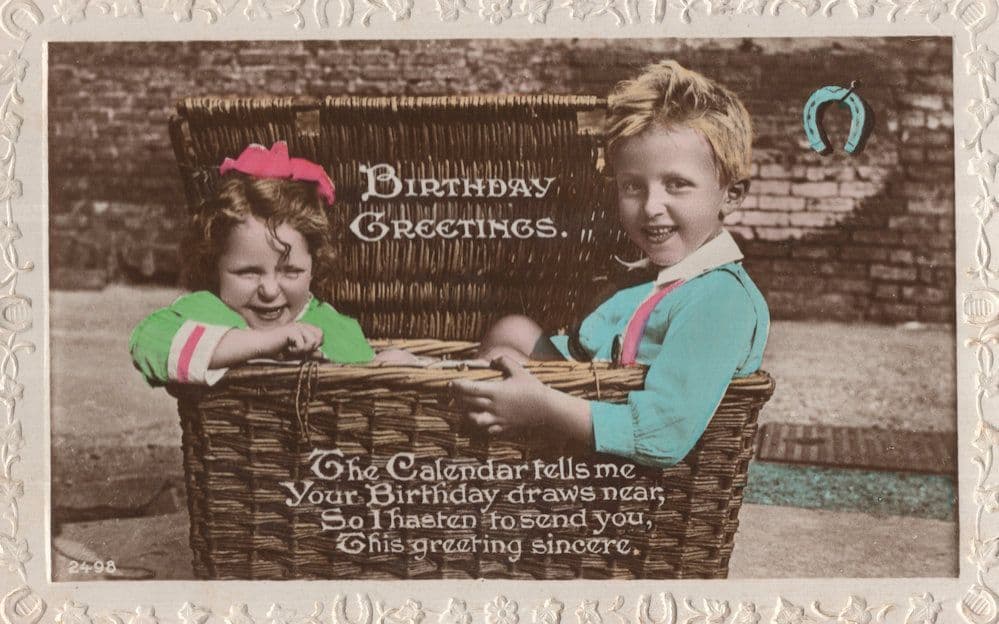 Boy & Girl In Basket Wild Red Hat Real Photo Old Greetings Postcard