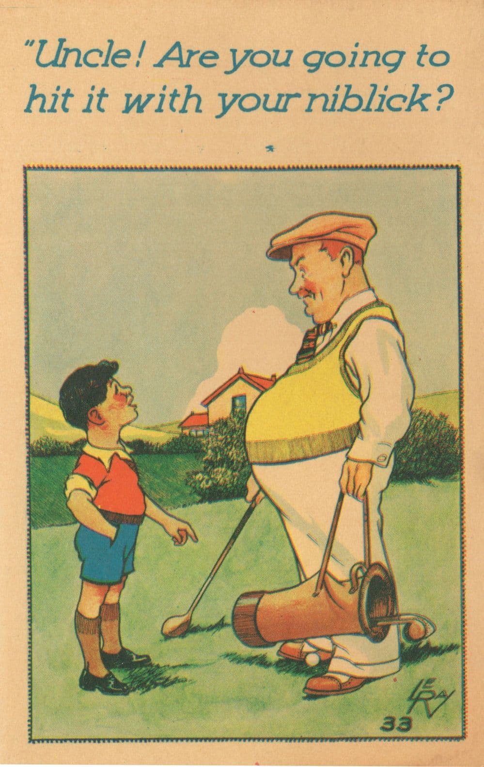Boy Learning Golf Bag Clubs Niblick Antique Golfing Southend Comic Postcard