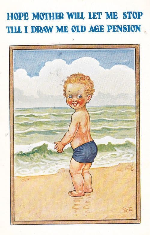 Boy Swimming Old Age Pension Drawing Pensioner Mother Old Seaside Comic Postcard