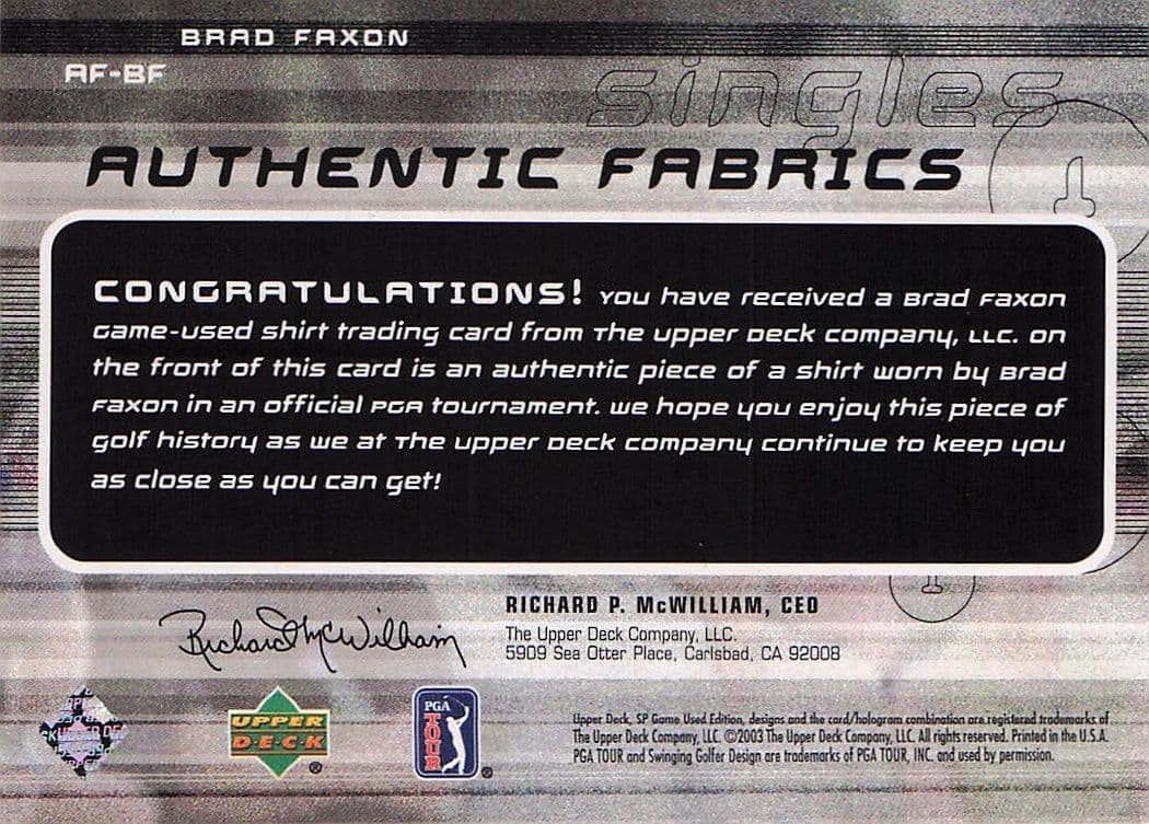 Brad Faxon Authentic Fabrics Singles 2003 Upper Deck Worn Golf Shirt Card