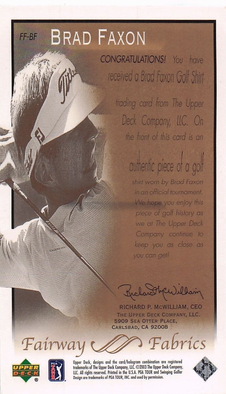 Brad Faxon Fairway Fabrics 2003 Real Golf Shirt Relic Trade Card