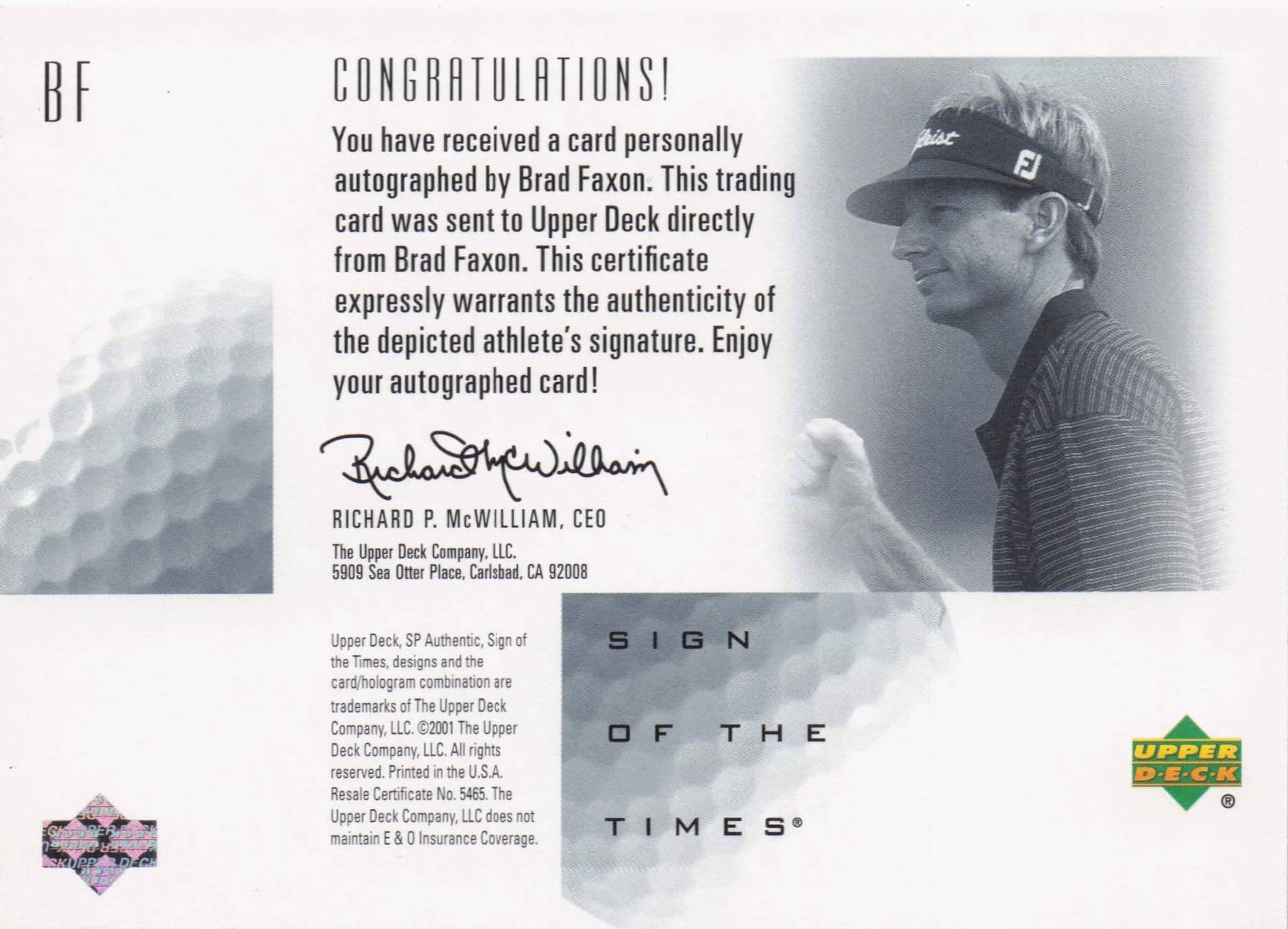 Brad Faxon Sign Of The Times Hand Signed 2001 SP Golf Autograph Card