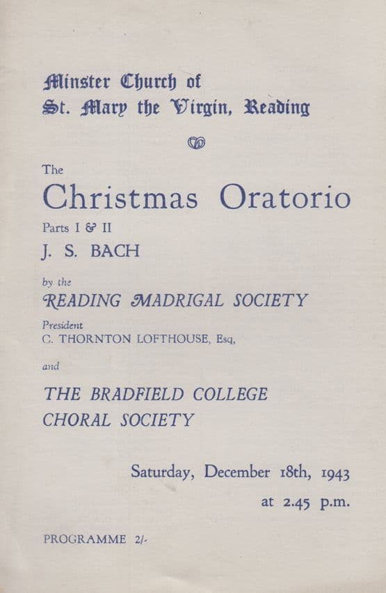 Bradfield College Choral Soc Reading 1943 WW2 Bach Christmas Berkshire Programme