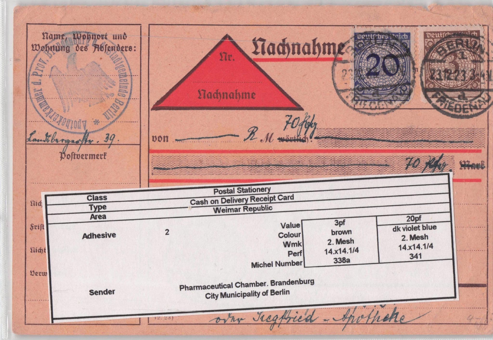 Brandenburg Pharmaceutical Chamber Berlin German 1923 Old Postcard