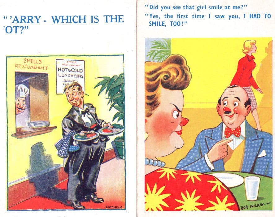 Breakfast Bar Smells Restaurant 2x Dining Comic 1970s Postcard s