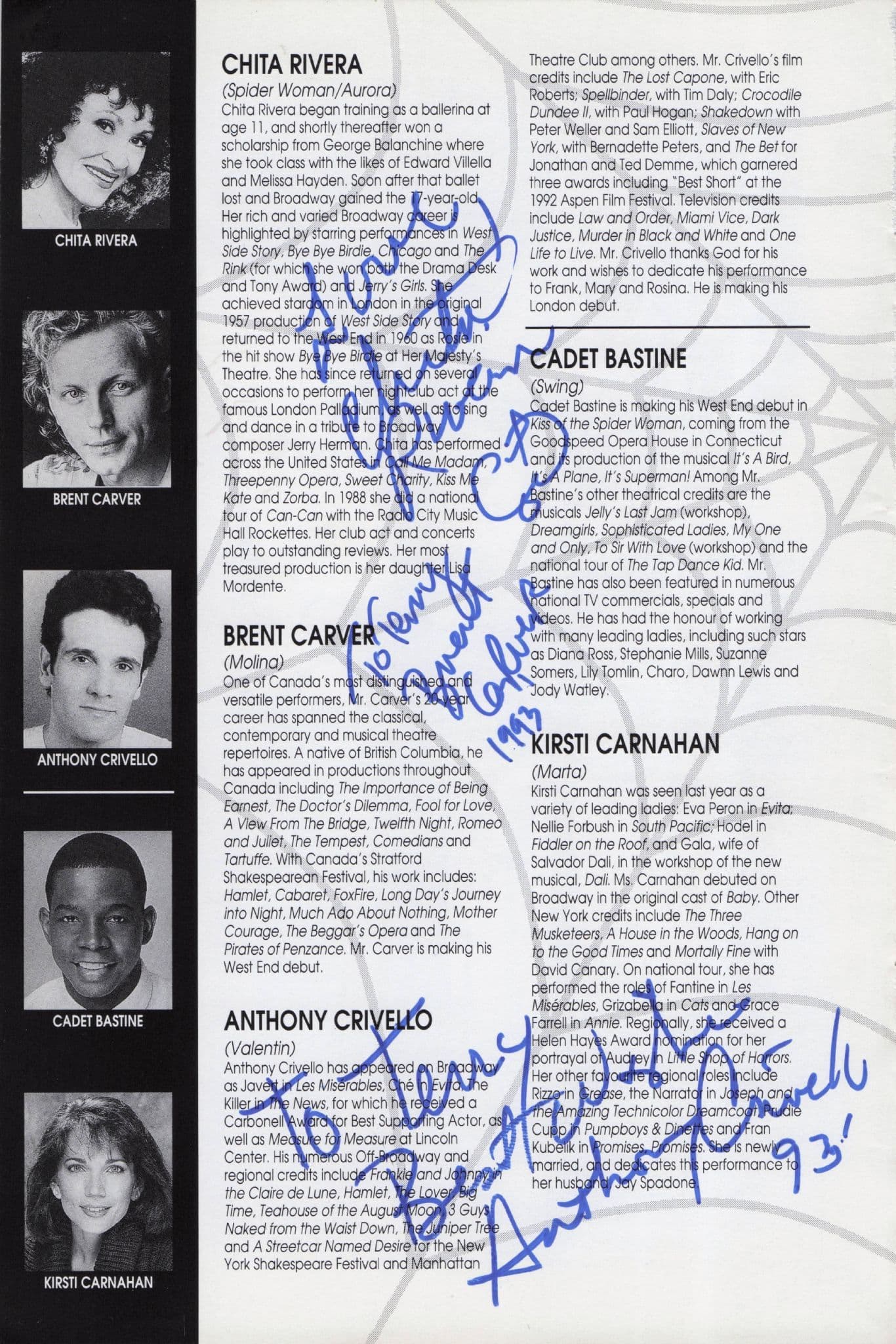 Brent Carver Kiss Of The Spider Woman Hand Signed Theatre Page