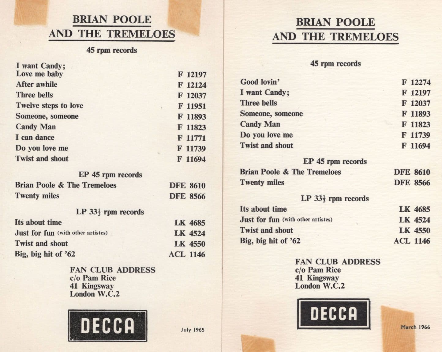 Brian Poole & The Tremeloes 2x Vintage Decca Discography Photo Card s