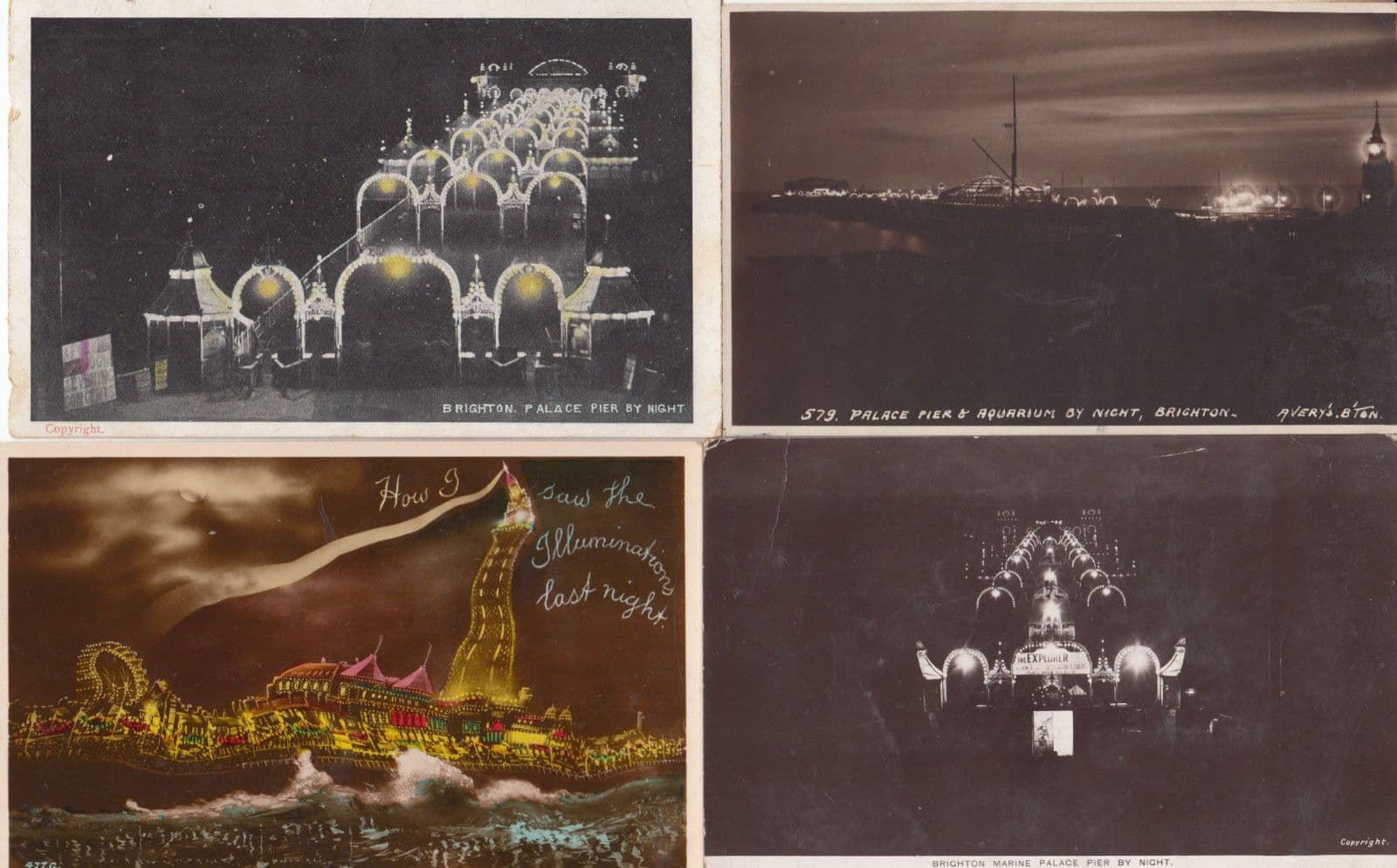 Brighton Aquarium By Night Illuminations Drunk Wonky 4x Antique Postcard s
