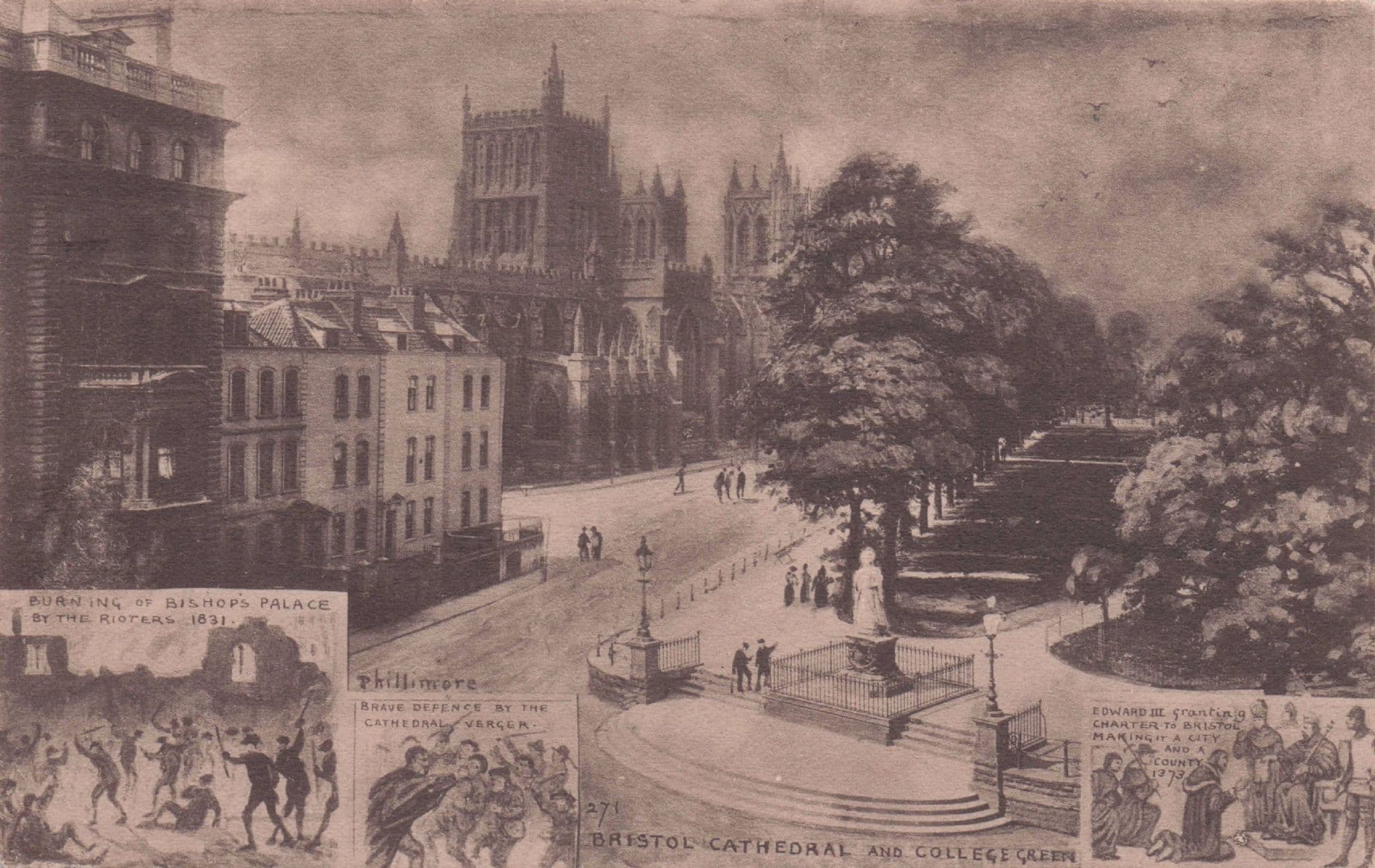 Bristol Cathedral Disaster Palace Burning King Edward 3rd Phillimore Old Postcard