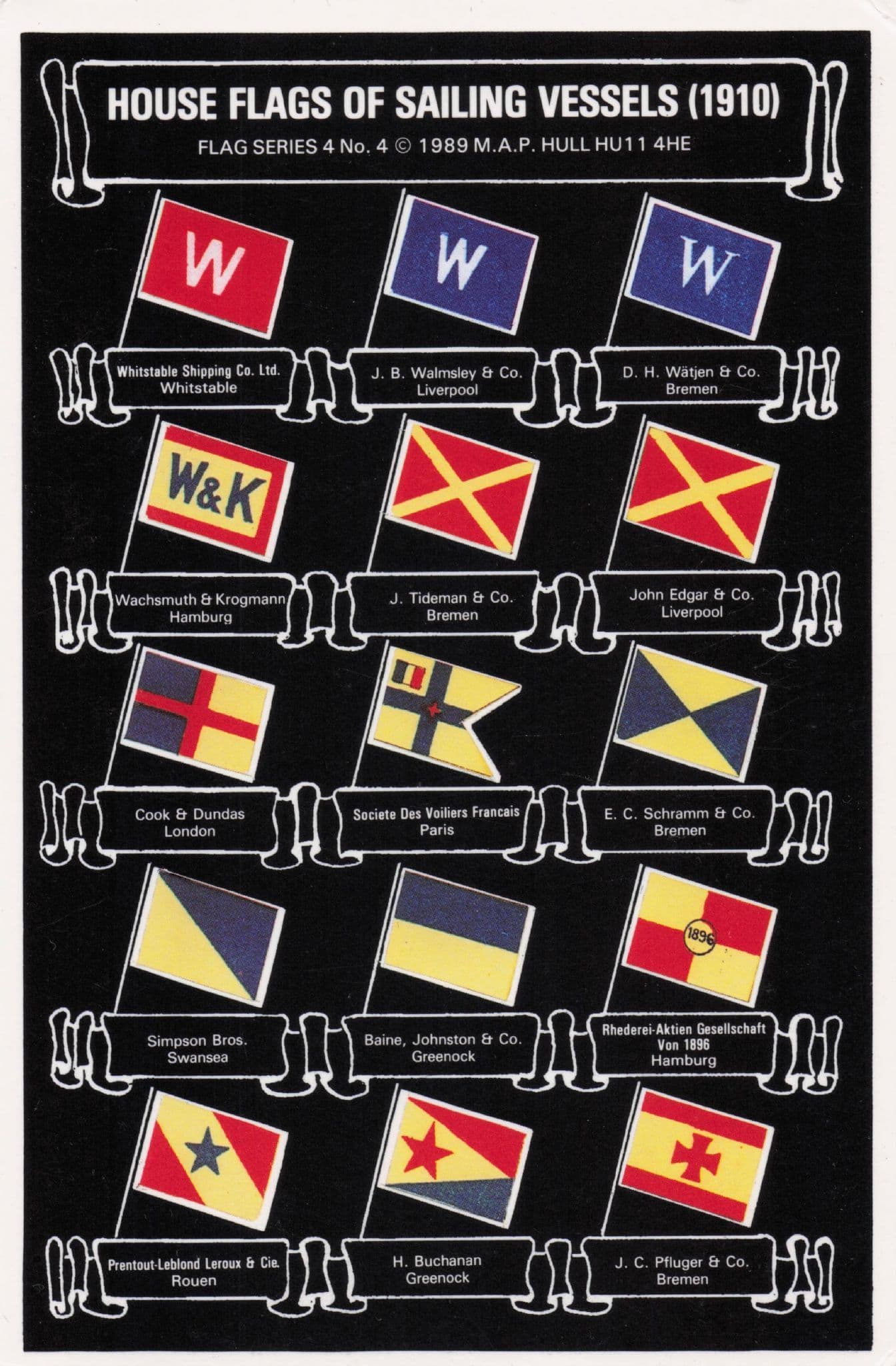 British 1910 Sailing Boats Flags 4 Nautical Ship Marine Art North Sea Ferry Postcard