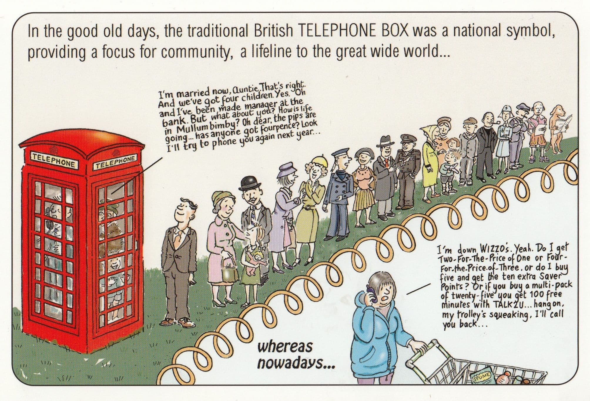 British 1980s Telephone Box Queue Supermarket Trolley Comic Postcard