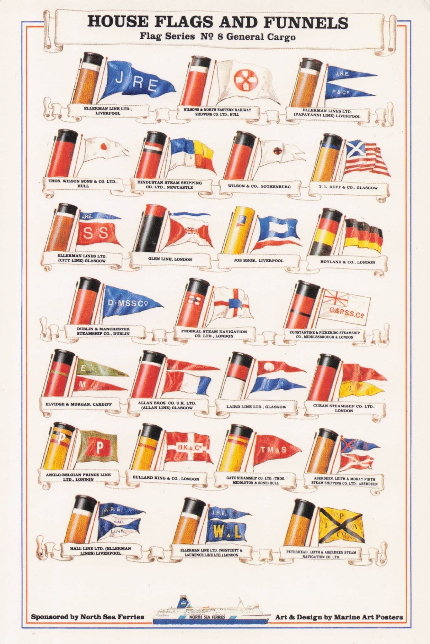 British General Cargo Flags 8 Nautical Ship Marine Art North Sea Ferry Postcard