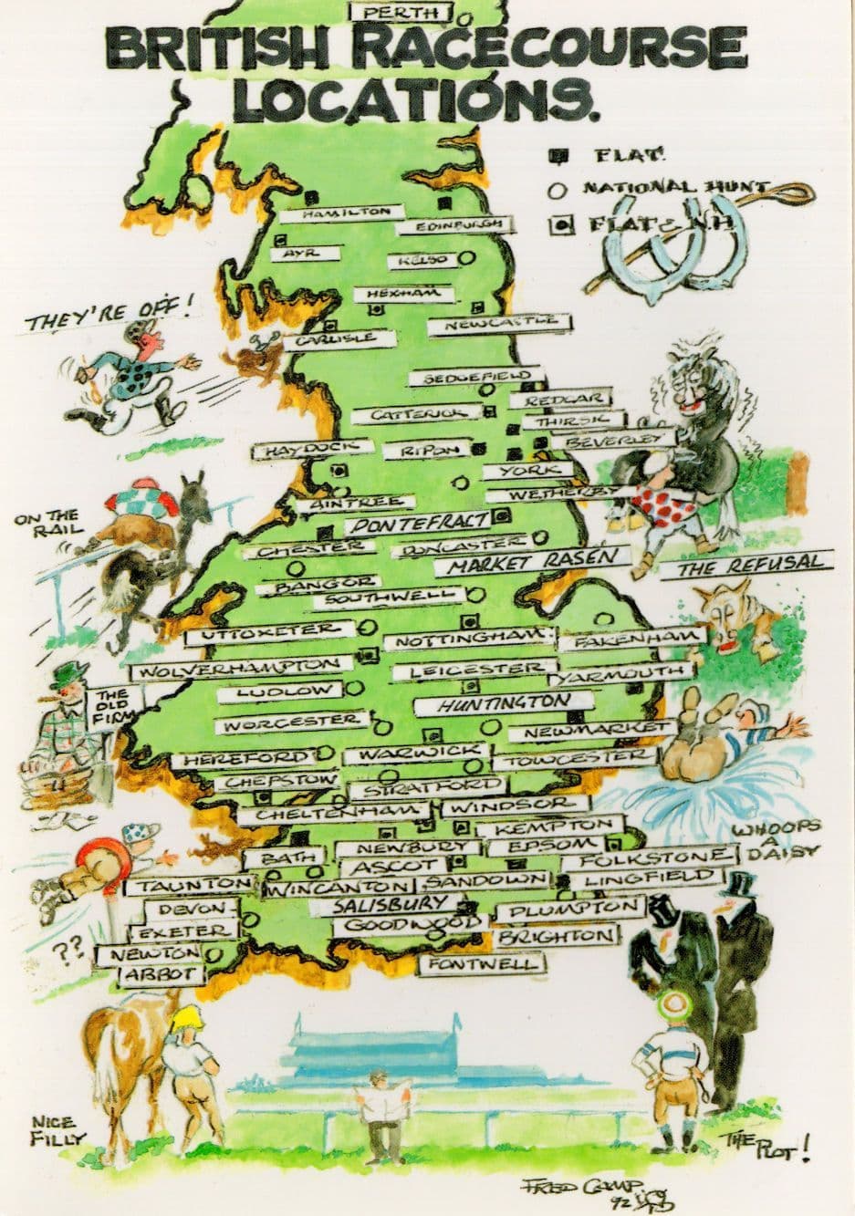 British Horse Race Racing Locations Map Rare Comic 1980s Postcard