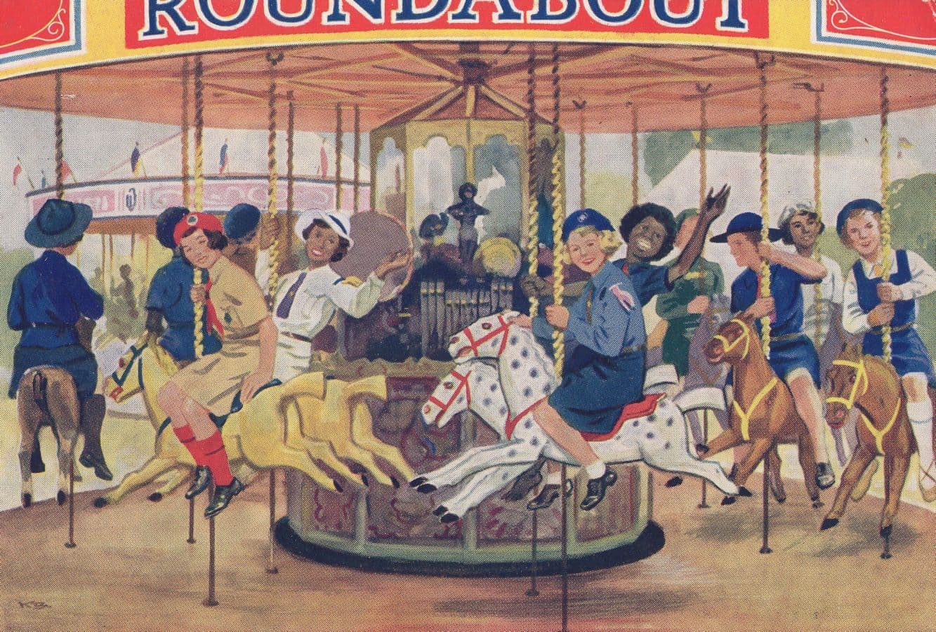 Brownies Girl Guides at Fair Roundabout Fairground Painting Postcard