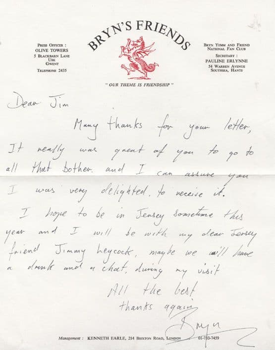 Bryn Yemm Jimmy Leycock Jersey Channel Islands Hand Wrote Signed Private Letter