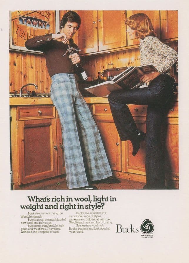 Bucks New Wool Polyester Flares Trousers 1970s Advertising Postcard