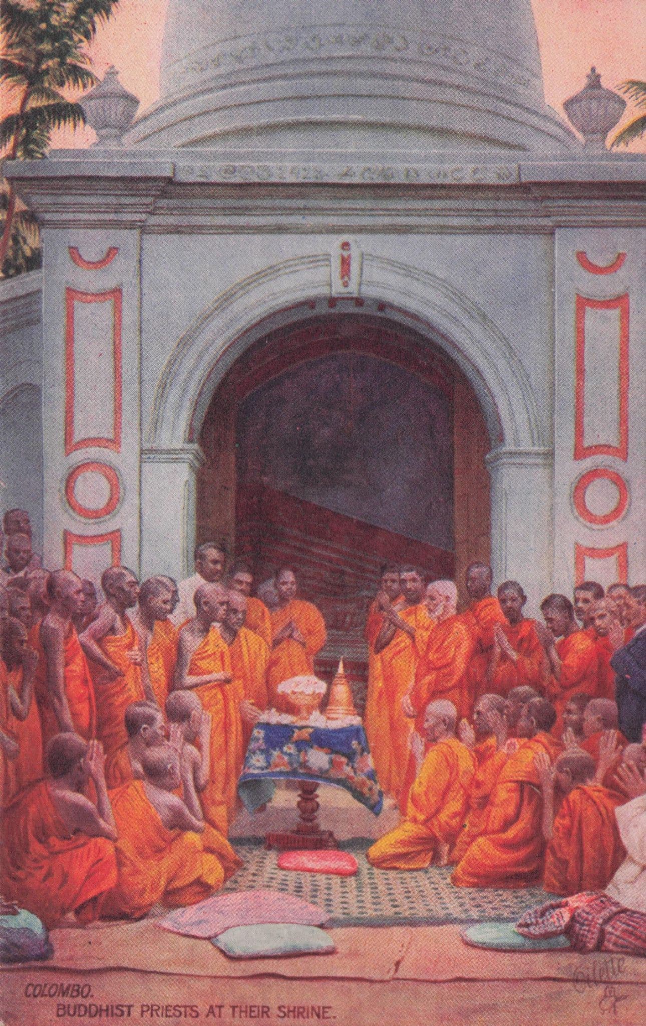 Buddhist Priests At Their Shrine Tucks Oilette Old Postcard
