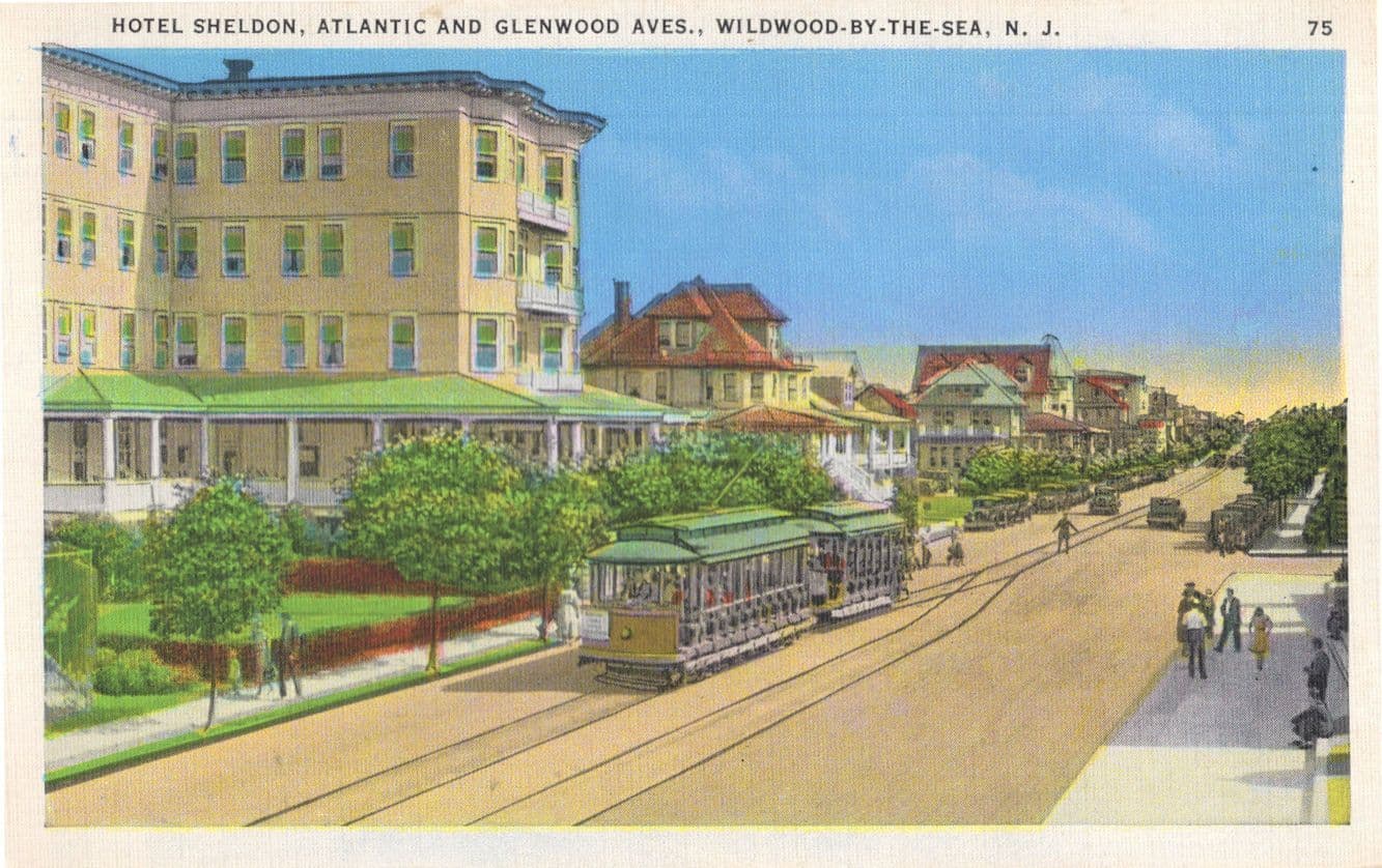 Bus Trams Passing Hotel Sheldon Glenwood Aves Wildwood By The Sea USA Postcard