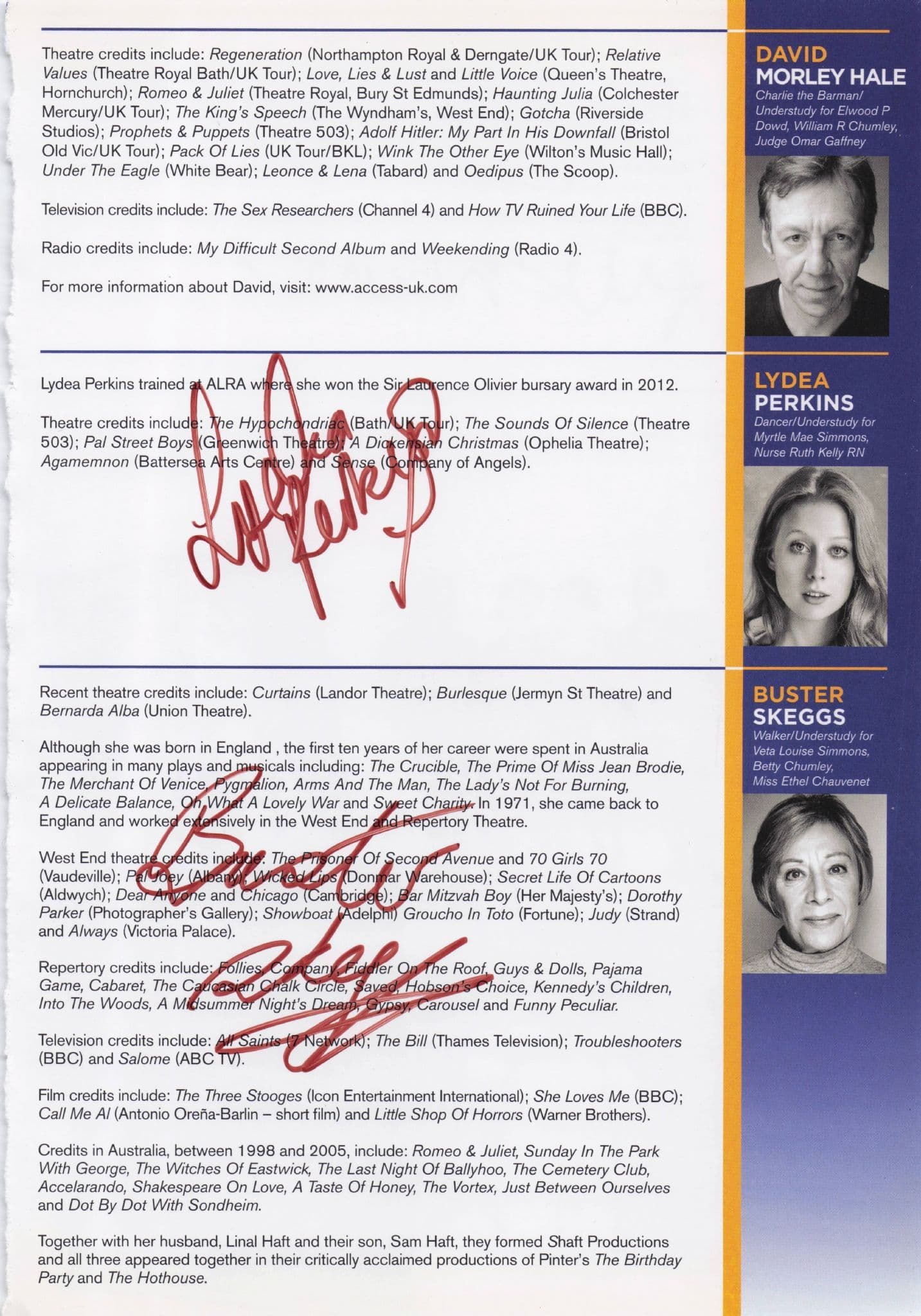 Buster Skeggs Lydea Perkins Alexander Warner Hand Signed Theatre Page Photo