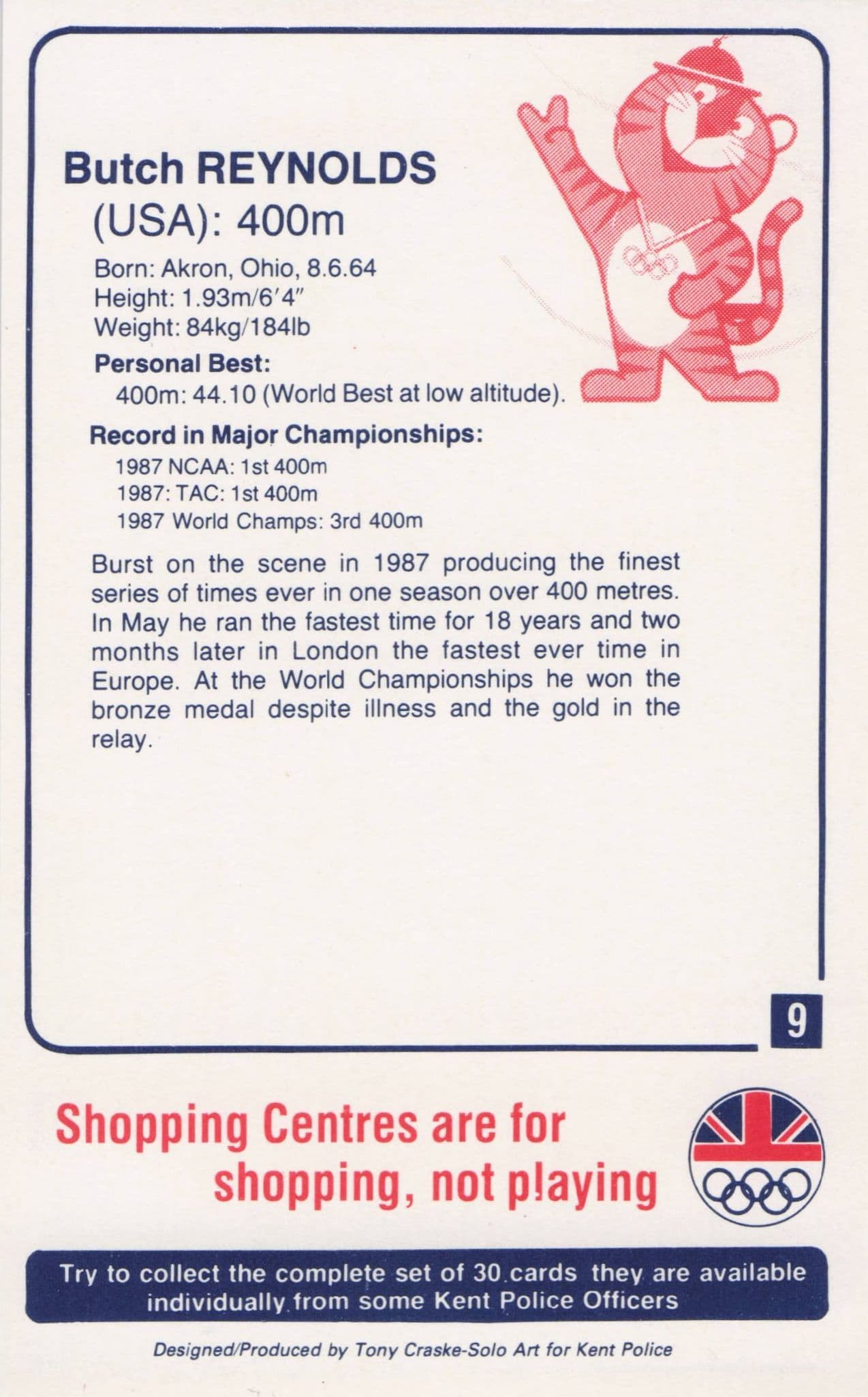 Butch Reynolds USA Athlete Olympics 1988 Rare Police Trade Photo Card