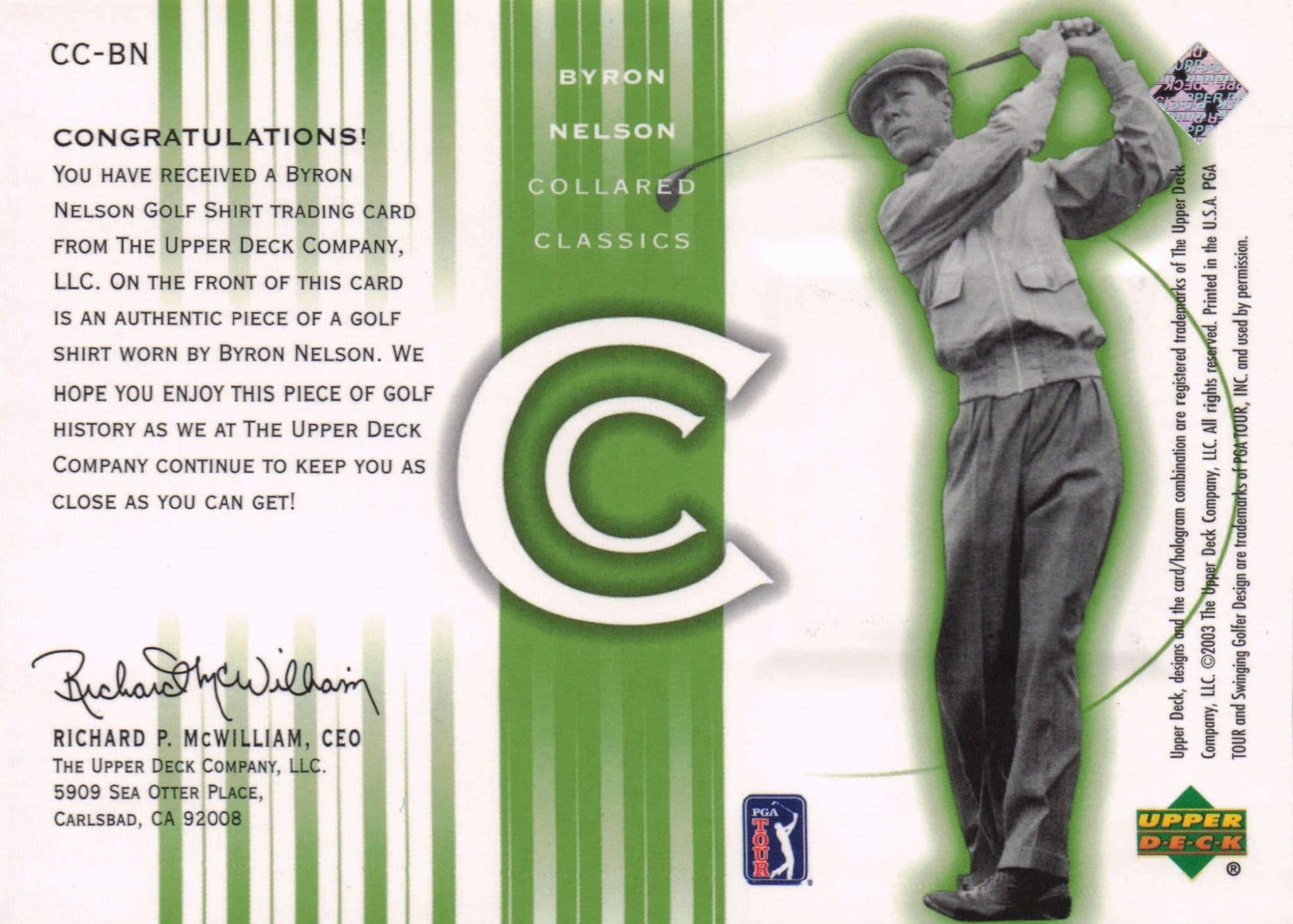 Byron Nelson Collared Classics Golf Shirt Relic Upper Deck 2003 Card