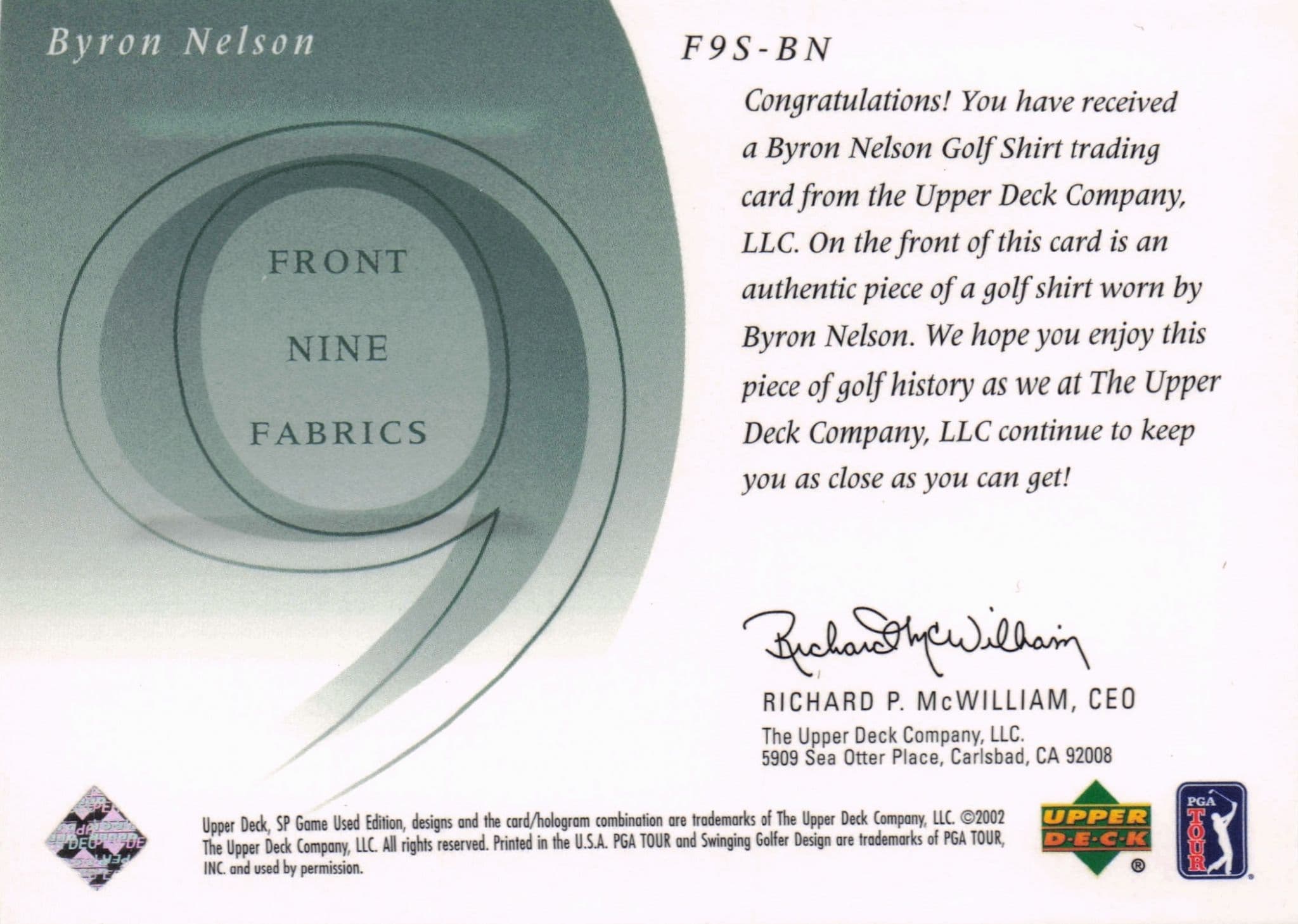 Byron Nelson Front 9 Fabric 2002 Upper Deck Authentic Shirt Card